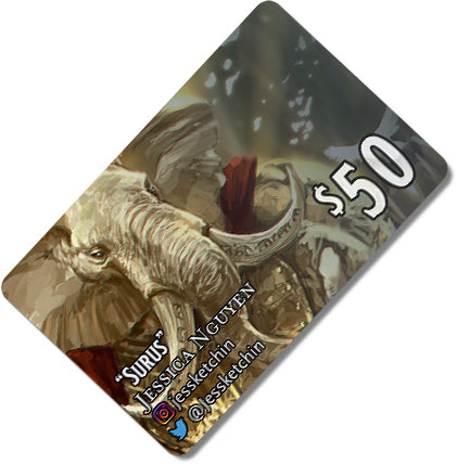 
                  
                    Load image into Gallery viewer, $50 Gift card depicting a white Loxodon in golden armor
                  
                